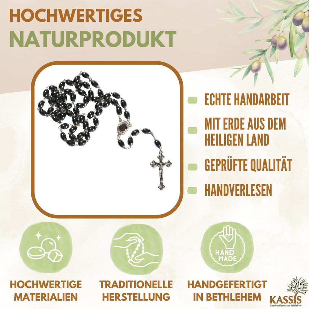 Rosenkrans med ovala hematitpärlor (53 cm) | Bönekedja med metallkors – present till dop, konfirmation och första kommunion