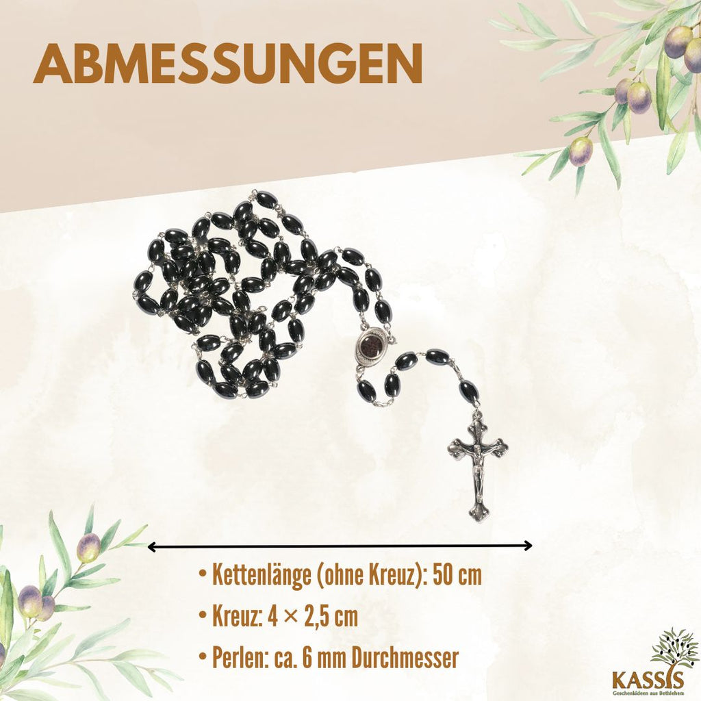 Rosenkrans med ovala hematitpärlor (53 cm) | Bönekedja med metallkors – present till dop, konfirmation och första kommunion