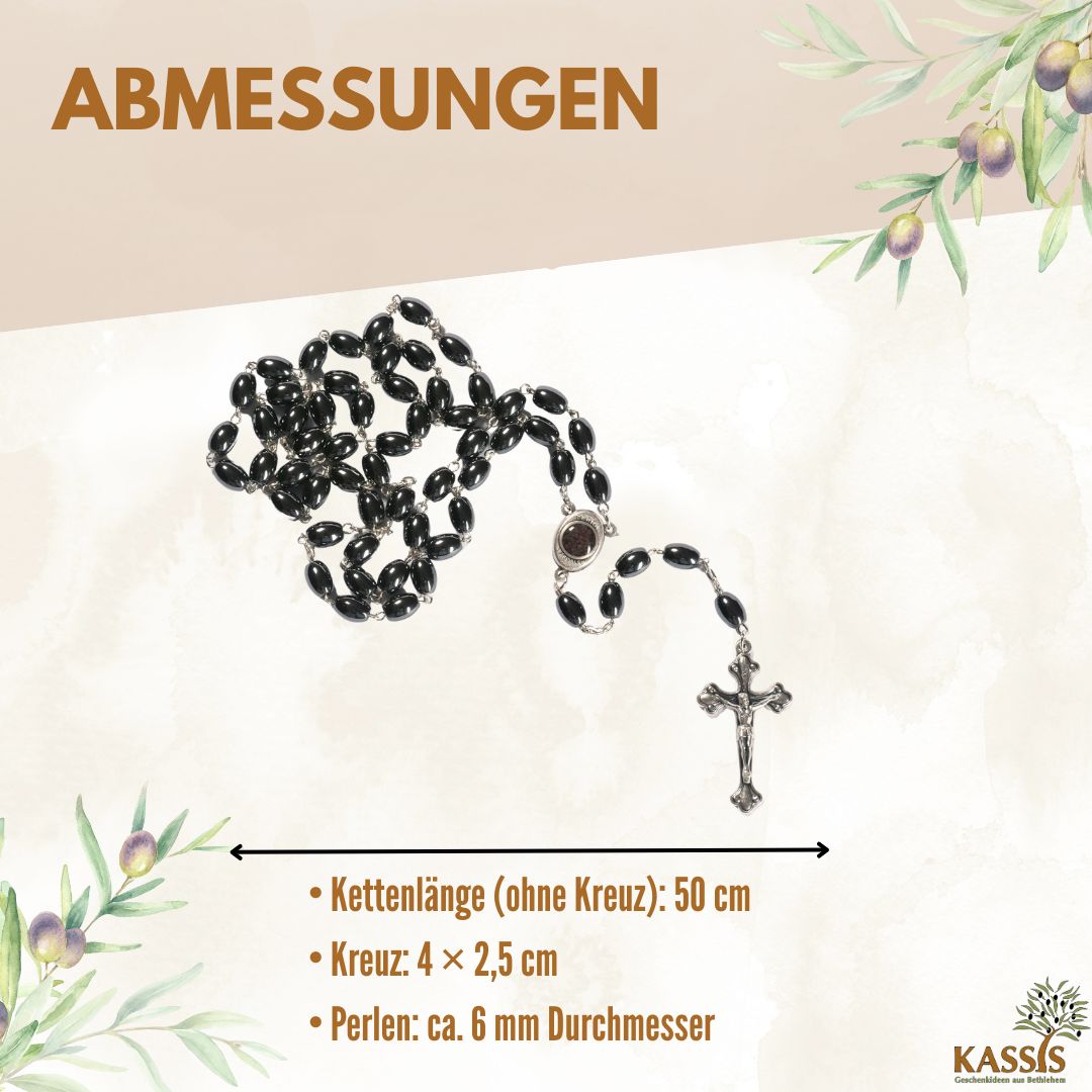 Rosenkrans med ovala hematitpärlor (53 cm) | Bönekedja med metallkors – present till dop, konfirmation och första kommunion