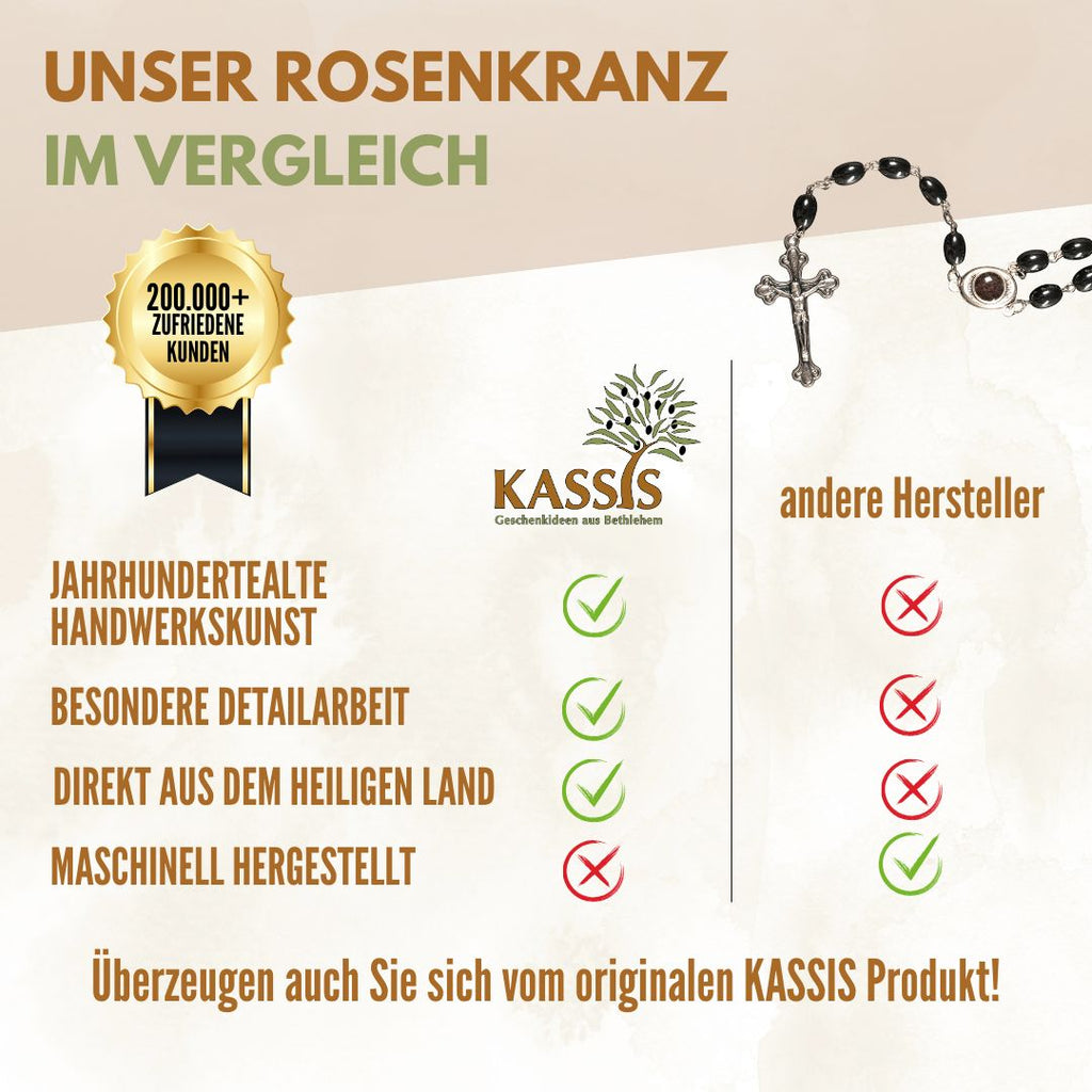 Rosenkrans med ovala hematitpärlor (53 cm) | Bönekedja med metallkors – present till dop, konfirmation och första kommunion