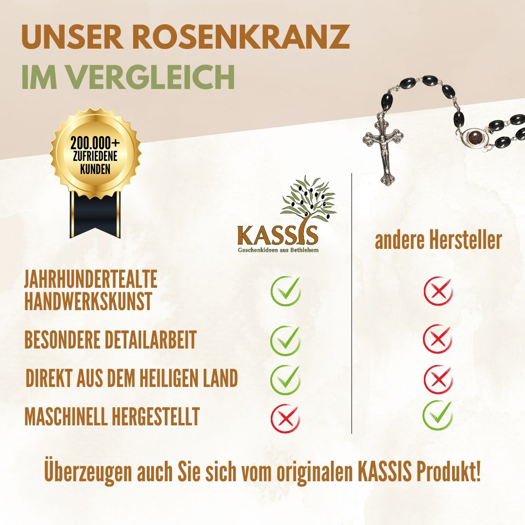 Rosenkrans med ovala hematitpärlor (53 cm) | Bönekedja med metallkors – present till dop, konfirmation och första kommunion
